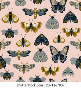 Seamless pattern with magic moths and butterflies