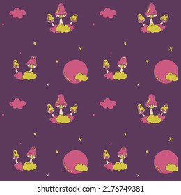 Seamless pattern with magic mushrooms, cloud and cosmic stars in doodle style. Retro floral vector background surface design for textile, stationery, wrapping paper, covers in 1970s style.