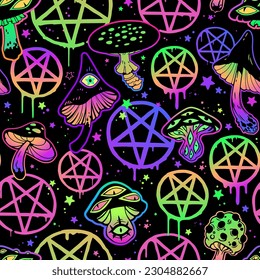 Seamless pattern of magic mushrooms and colorful symbols