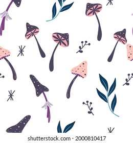 Seamless pattern with magic mushrooms. Crazy psychedelic background. Ingredients for magical potions. For fabric, textile, wallpaper, wrapping paper, cover. Halloween Decor. Magical Forest. Vector
