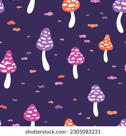 Seamless pattern with magic mushrooms. Hand drawn vector backround. Texture for print, fabric, textile.