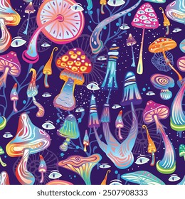 Seamless Pattern with Magic mushrooms, hand drawn illustration