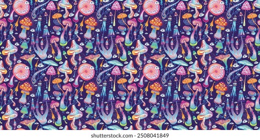 Seamless Pattern with Magic mushrooms, hand drawn illustration