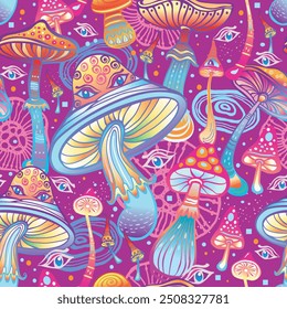 Seamless Pattern with Magic mushrooms, hand drawn vector illustration