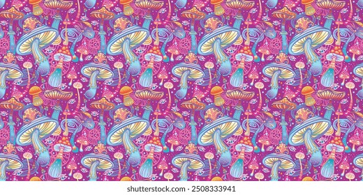 Seamless Pattern with Magic mushrooms, hand drawn vector illustration