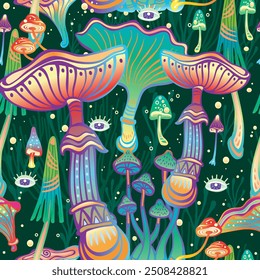 Seamless Pattern with Magic mushrooms, hand drawn vector illustration