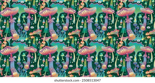 Seamless Pattern with Magic mushrooms, hand drawn vector illustration