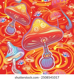 Seamless Pattern with Magic mushrooms, hand drawn vector illustration