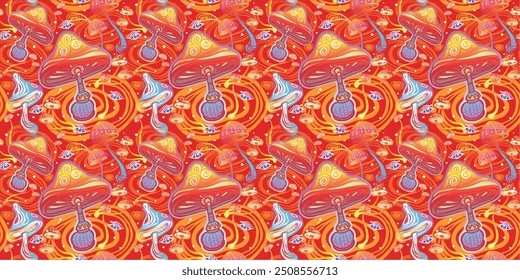 Seamless Pattern with Magic mushrooms, hand drawn vector illustration