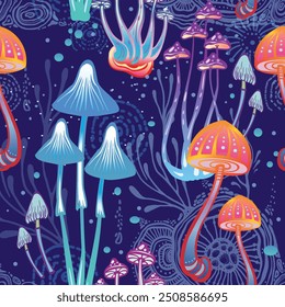 Seamless Pattern with Magic mushrooms, hand drawn vector illustration