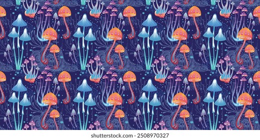 Seamless Pattern with Magic mushrooms, hand drawn vector illustration