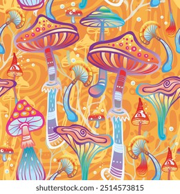 Seamless Pattern with Magic mushrooms, hand drawn vector illustration