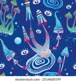 Seamless Pattern with Magic mushrooms, hand drawn vector illustration