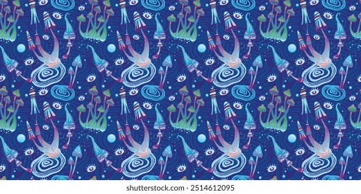 Seamless Pattern with Magic mushrooms, hand drawn vector illustration