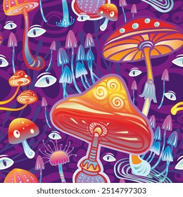 Seamless Pattern with Magic mushrooms, hand drawn vector illustration