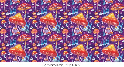 Seamless Pattern with Magic mushrooms, hand drawn vector illustration