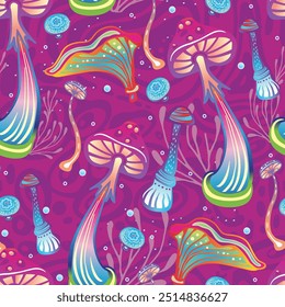 Seamless Pattern with Magic mushrooms, hand drawn vector illustration