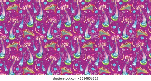 Seamless Pattern with Magic mushrooms, hand drawn vector illustration