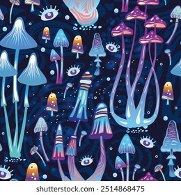 Seamless Pattern with Magic mushrooms, hand drawn vector illustration