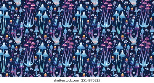 Seamless Pattern with Magic mushrooms, hand drawn vector illustration