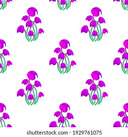 Seamless pattern with magic mushrooms on a white background. A fantastic mushroom pattern of purple hats and green stalks in a checkerboard pattern. Vector illustration of unreal mystical, alien plant