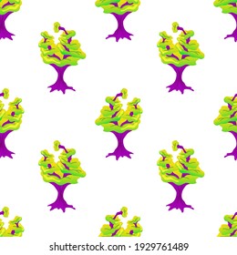 Seamless pattern with magic mushrooms on a white background. Fantastic mushroom pattern of purple stems and green multistory hats. Vector illustration of unreal mystical, alien plants.