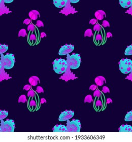 Seamless pattern with magic mushrooms on a dark background. Fantastic weaving mushrooms in a checkerboard pattern. Vector illustration of unreal mystical, alien plants.