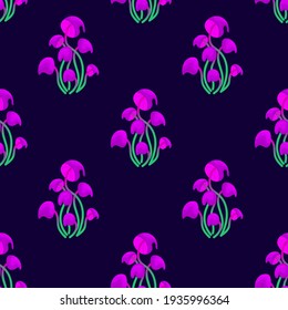 Seamless pattern with magic mushrooms on a dark background. Fantastic mushrooms in a checkerboard pattern. Vector illustration of unreal mystical, alien plants.