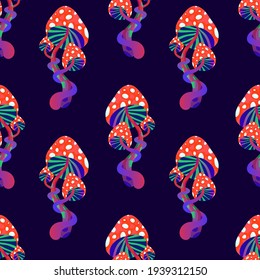 Seamless pattern with magic mushrooms on a dark background. Fantastic weaving mushrooms in a checkerboard pattern. Vector illustration of unreal mystical, alien plants.