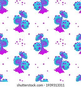 Seamless pattern with magic mushrooms on a white background. Fantastic weaving mushrooms in a checkerboard pattern. Vector illustration of unreal mystical, alien plants.