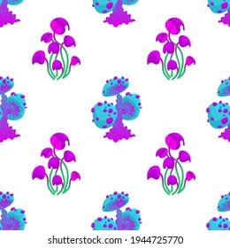 Seamless pattern with magic mushrooms on a white background. Fantastic weaving mushrooms in a checkerboard pattern. Vector illustration of unreal mystical, alien plants.