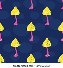 seamless pattern with magic mushrooms on dark background, vector illustration of mystical colored plants