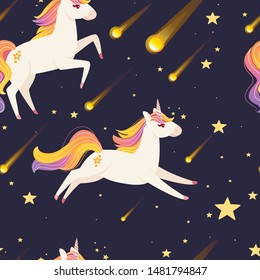 Seamless pattern of magic mythical animal from fairy tale running unicorn cartoon animal design flat vector illustration on night sky