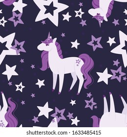 Seamless pattern of Magic mythical animal from fairy tale unicorn cartoon animal design flat vector illustration on dark background