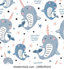 Seamless pattern with magic narwhals.. Creative winter childish texture. Great for fabric, textile Vector Illustration