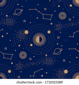 Seamless pattern with magic night sky map. Gold planets in orbits around the sun among stars and constellations on a dark blue background. Retro style texture for wrapping paper, fabric and textile.