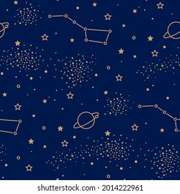 Seamless pattern with magic night sky. Gold planet, stars and constellations on a dark blue background. Retro style texture for wrapping paper and textile. Concept for astronomy. Ursa Major in space.