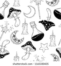 Seamless pattern, magic objects, mushrooms, bottles, candles on a white background. Hand drawing, sketch
