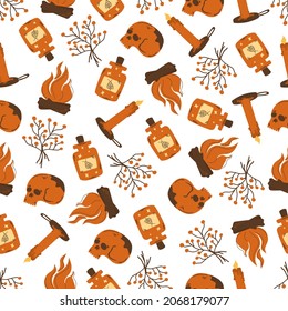 Seamless pattern magic occult elements. Skull, fire, potion and candle. Mystical pattern. Vector illustration in cartoon style for merch.