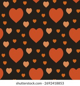 Seamless pattern with magic orange hearts on black background. Vector image.