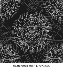 Seamless Pattern With Magic Pentagram And Runes, Witch Or Satanic Ornament