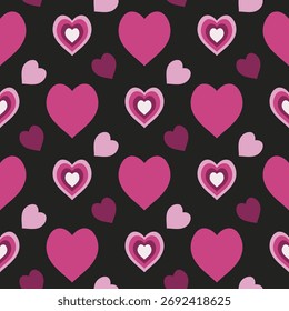 Nahtloses Muster mit magisch rosa Herzen auf schwarzem Hintergrund. Vektorbild.