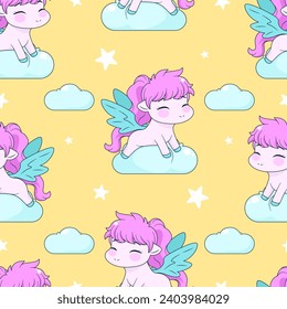 Seamless pattern with magic pony sitting on a clouds. Repeated tile with cartoon characters and stars on yellow backdrop. Childish vector design for fabric, print, wrapper, textile, print for kids.