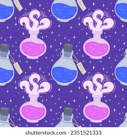 Seamless pattern with magic potion and bottled elixirs on a purple background, Halloween pattern. Vector illustration. Halloween template, banner design, wrapping paper, packaging, web.