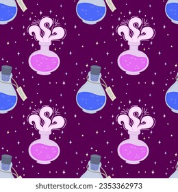 Seamless pattern with magic potion and bottled elixirs on a purple background, Halloween pattern. Vector illustration. Halloween template, banner design, wrapping paper, packaging, web.