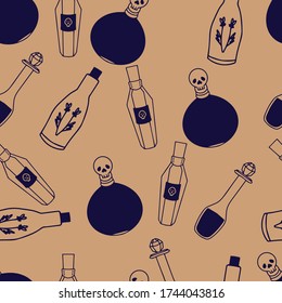 Seamless pattern magic potion, glass bottle engraving vector illustration. Magic potion occult attribute for witchcraft.