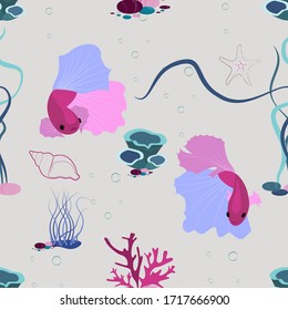 Seamless pattern with magic red fishes and underwater plants and corals. Flat cartoon style illustration.