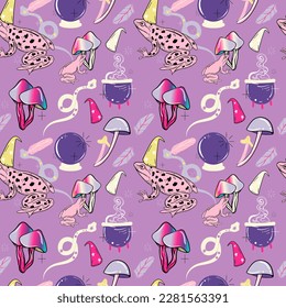 Seamless pattern magic school with frog and magic inventory. Repeating picture for printing on gift wrapping paper. Magic, imagination and fantasy.
