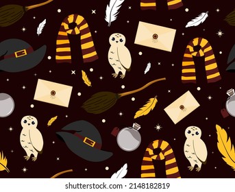 Seamless pattern magic school. Repeating picture for printing on gift wrapping paper. Magic, imagination and fantasy. Sorting magical hat, scarf and grey owl. Cartoon flat vector illustration