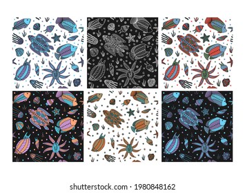 Seamless pattern with magic sea creatures. Floral drawing with line-art. Eps10 vector.